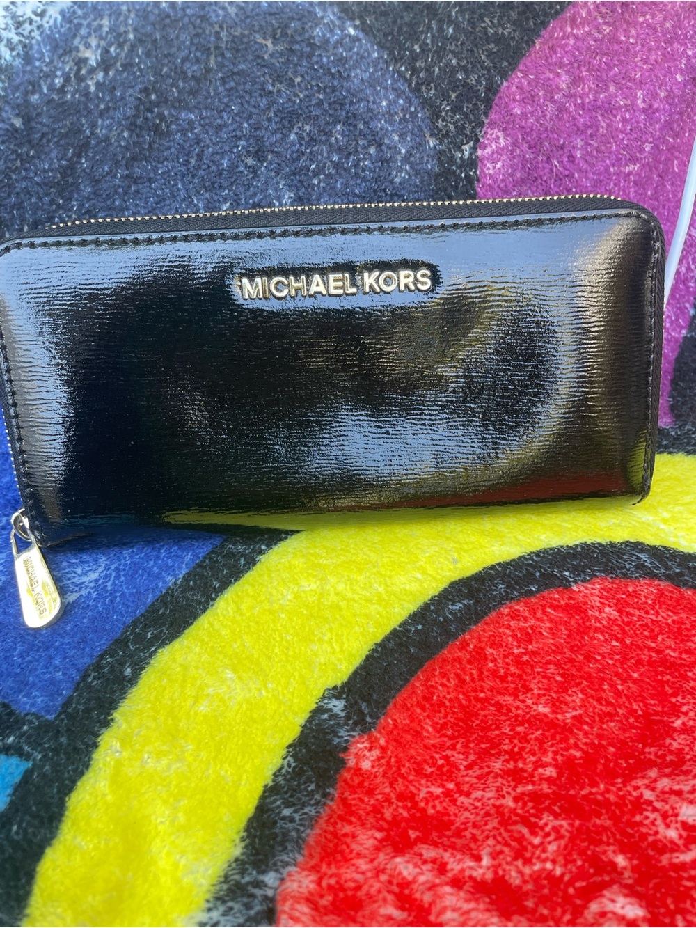 Michael Kors Black Patent Zip-Around Wallet with Gold Hardware
